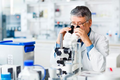 Ein Laborant schaut durch ein Mikroskop